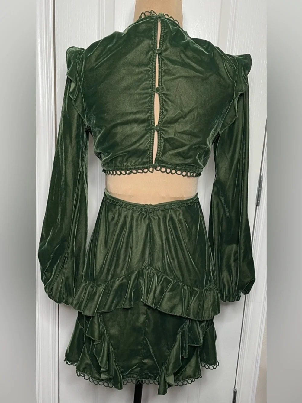 ASOS Emerald Green Velvet Ruffle Romantic Mini Dress Size 4 - Picture 6 of 9